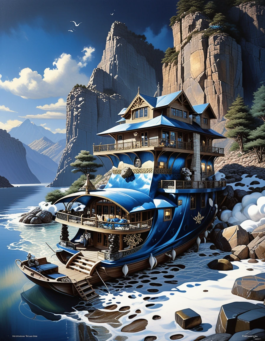 Luxury mountain lake houseboat with glowing blue interior