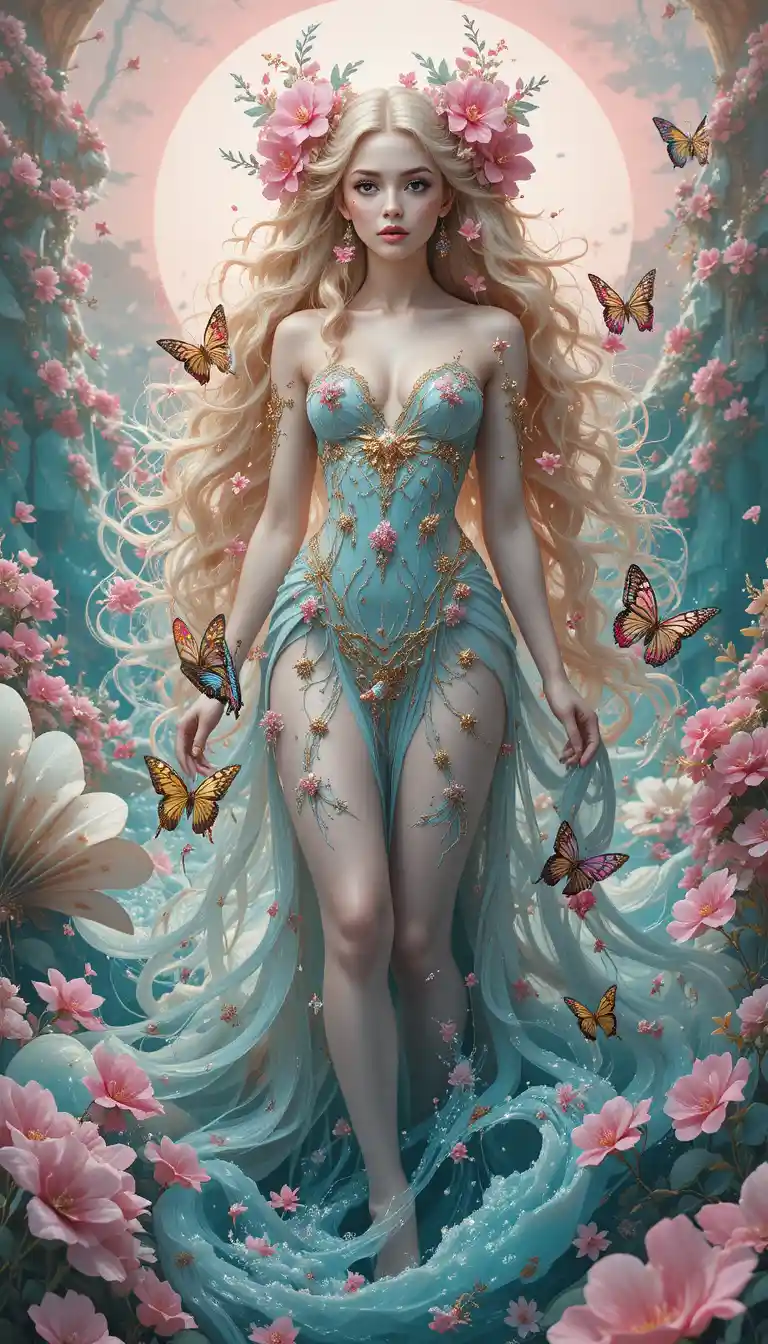 Aphrodite rising from sea foam in a glowing pink sunset