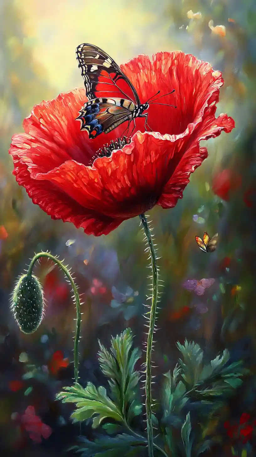 Red poppy botanical painting with butterfly in soft light