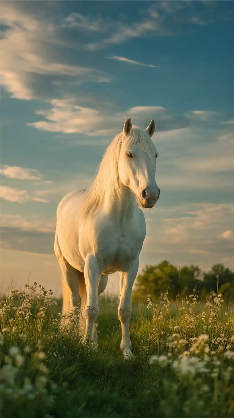 White horse standing in a sunlit meadow at dusk