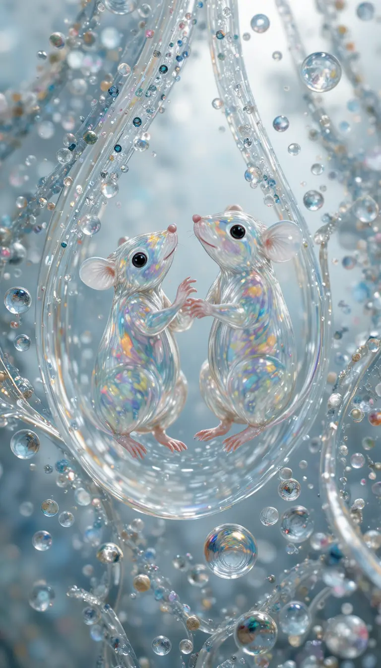 Macro stained glass mice in translucent glass droplets