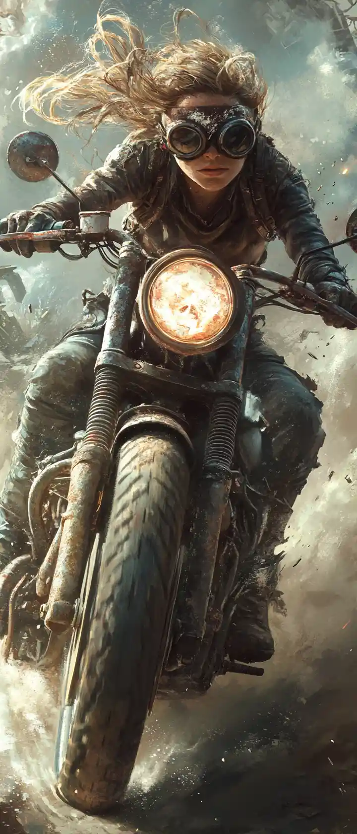 Post apocalyptic woman riding through a dusty wasteland