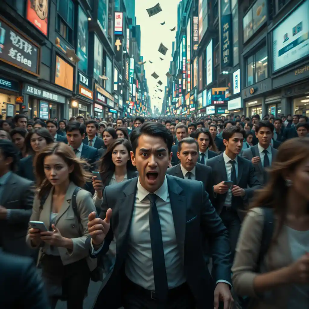 Crowded city street of stressed people chasing money symbols