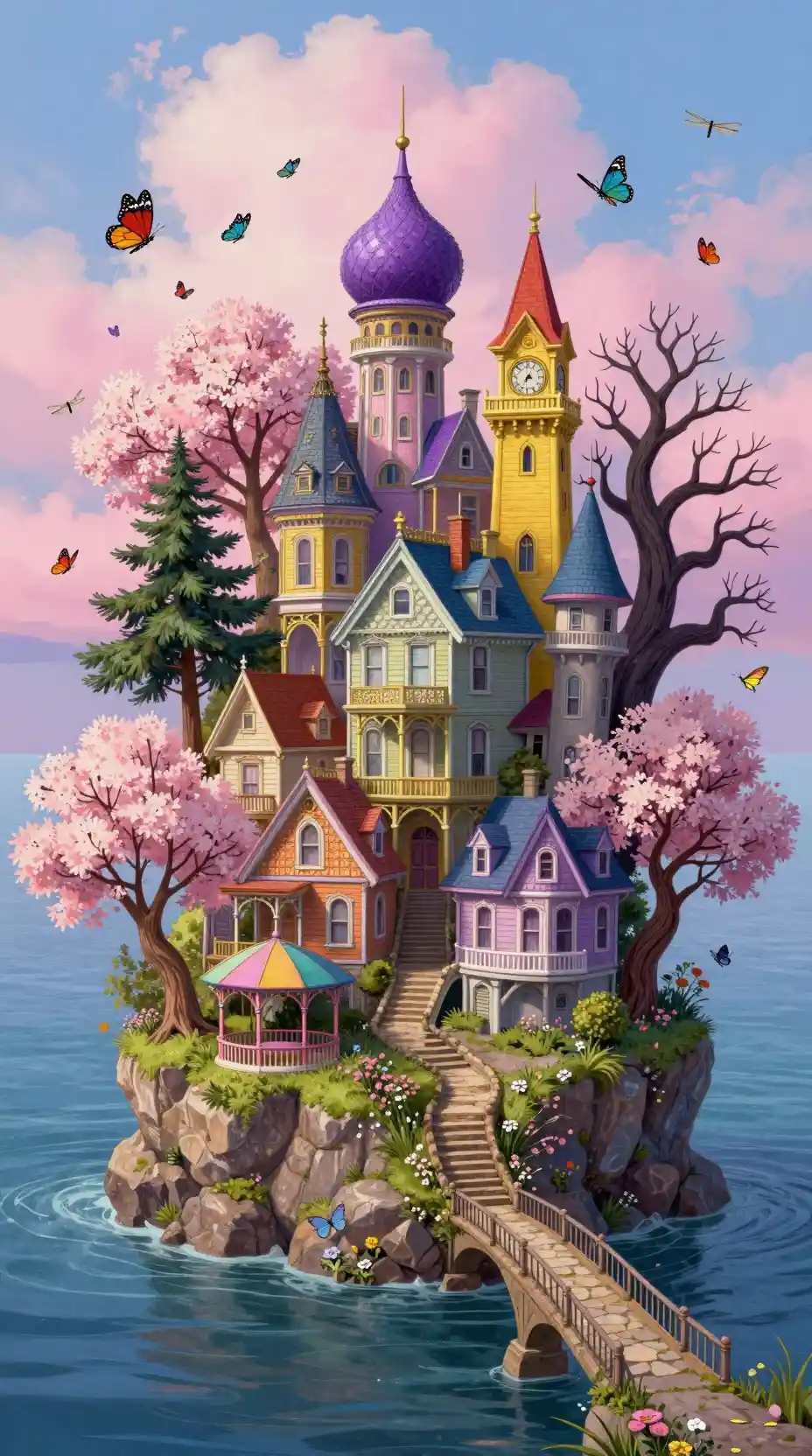 Whimsical Vertical Island Village With Colorful Towers