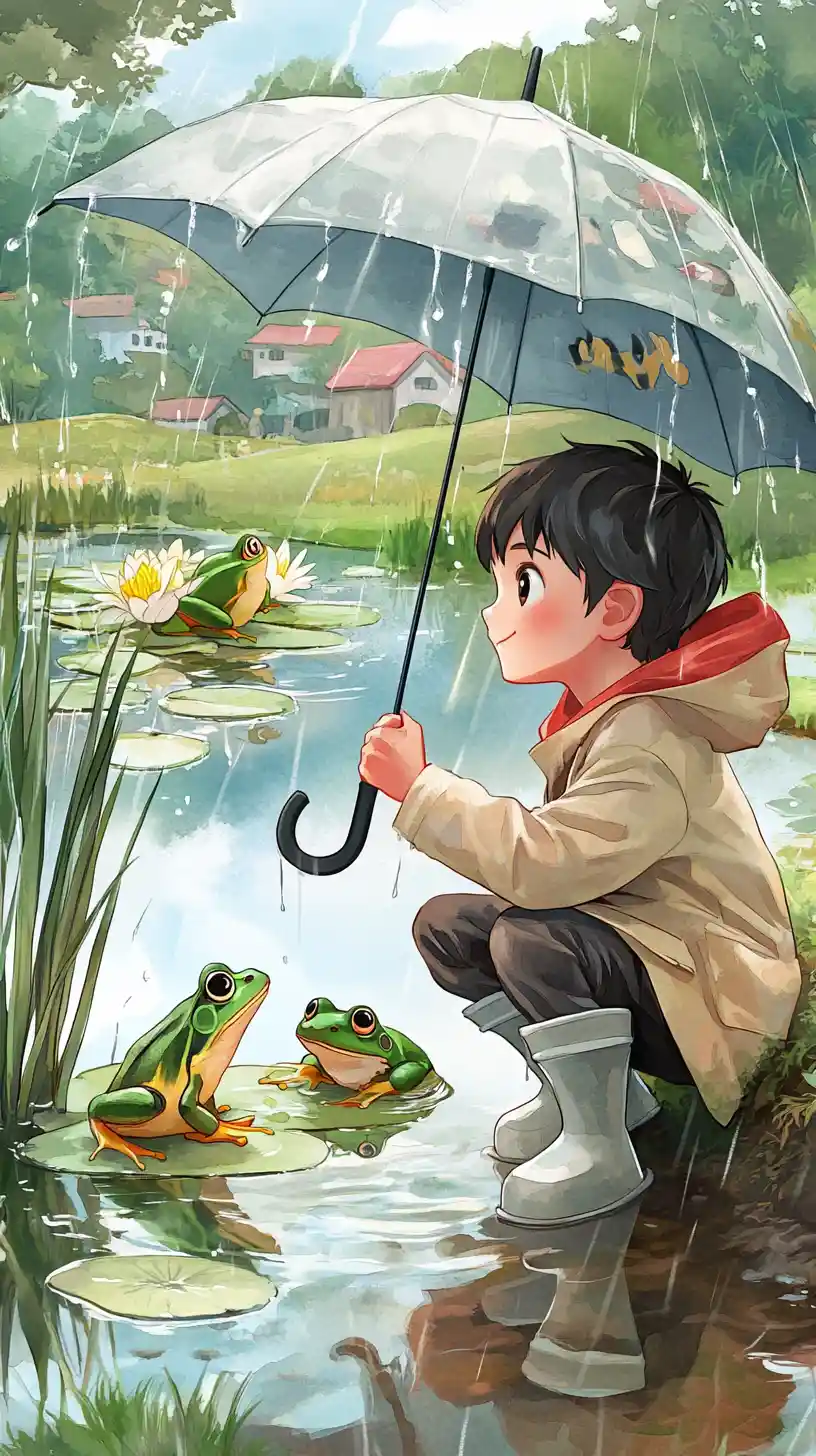 Chico de anime mirando ranas junto a un estanque en un pueblo lluvioso