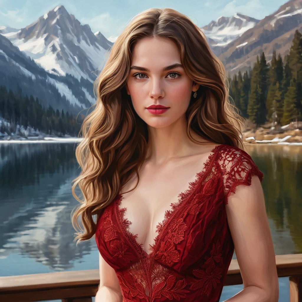 Junge Frau im roten Spitzenkleid an einem Bergsee