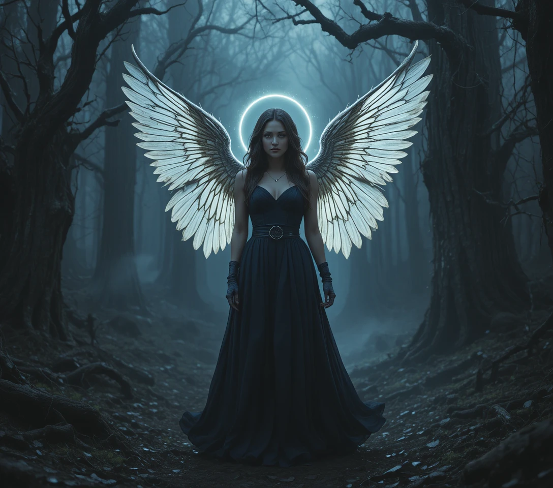Angel like woman glowing in a dark twisted forest