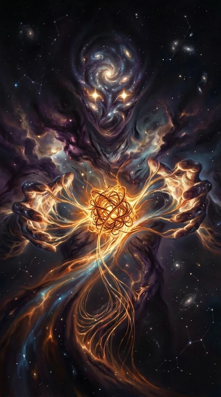 Cosmic entity weaving a newborn star from glowing nebula