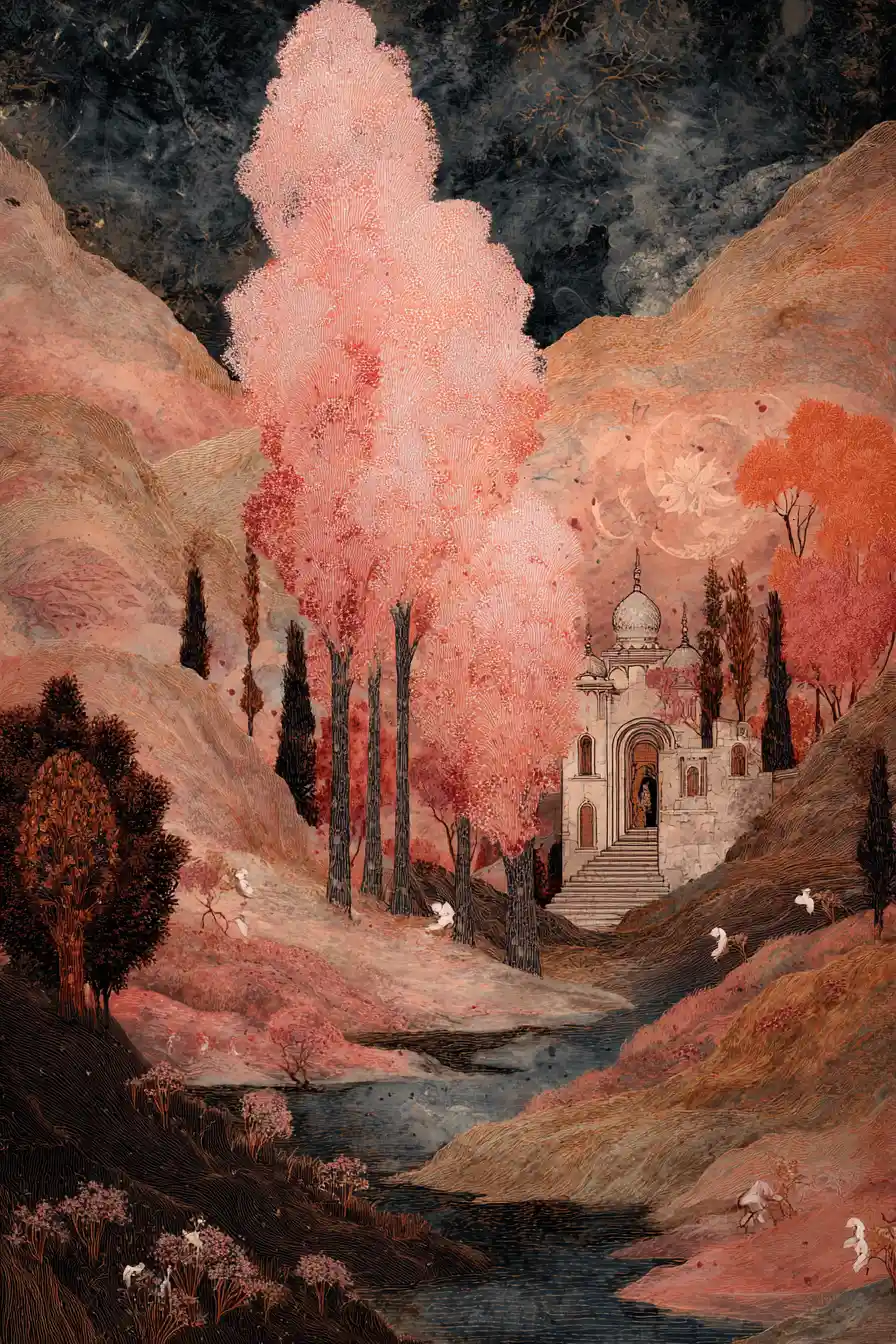 Joyful surreal landscape in warm pink and indigo hues