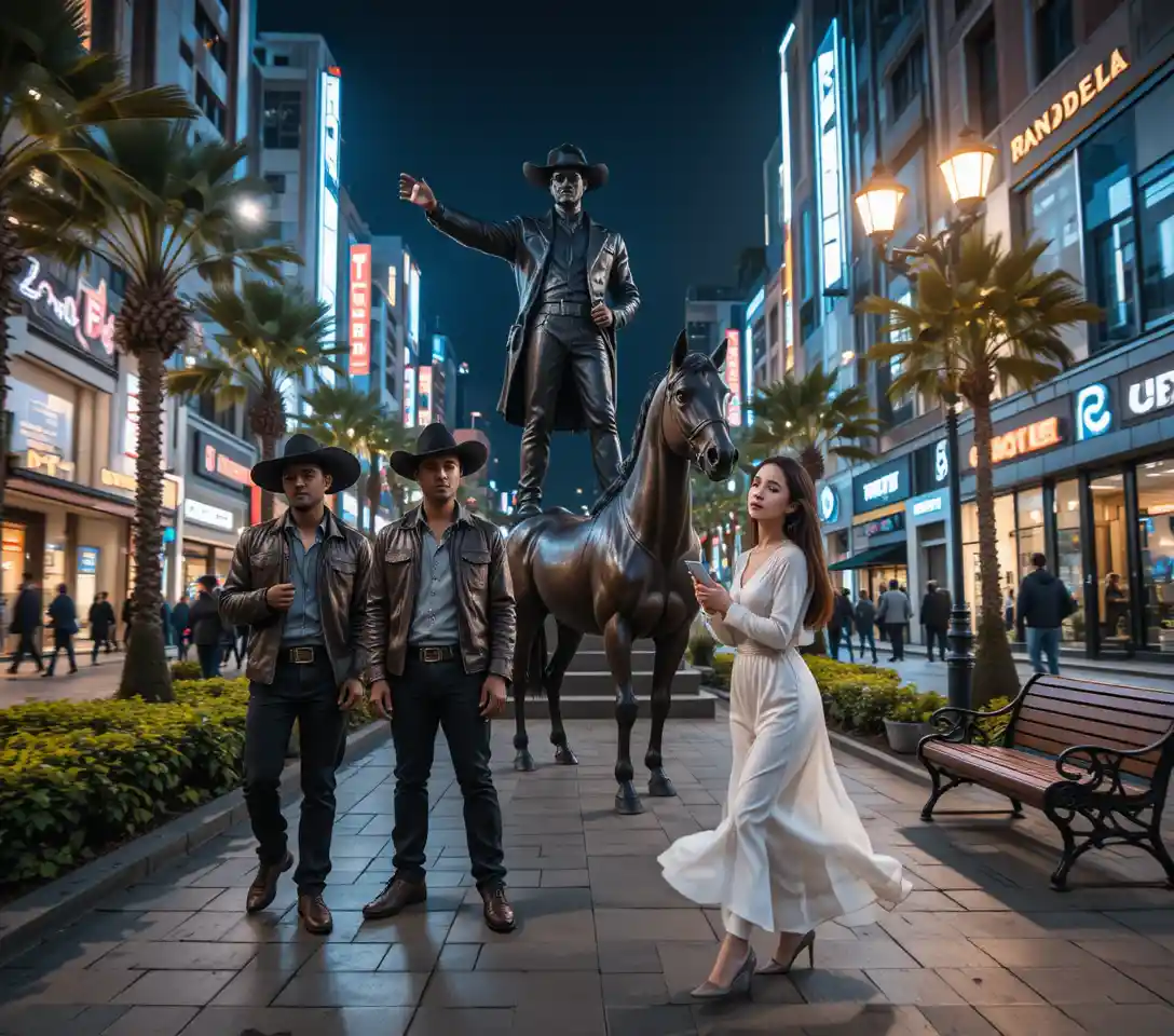 Night city street with statue cowboys and passing woman