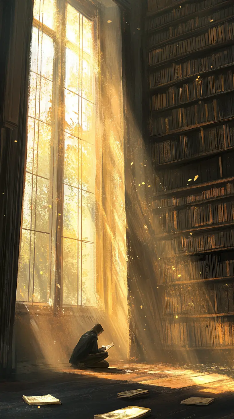 Sunlit dust and a lone reader in a silent library