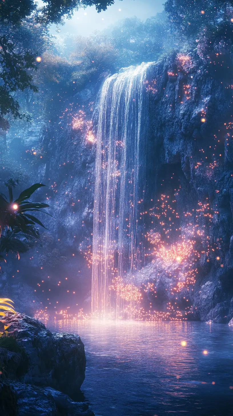 Glowing star waterfall over a misty fantasy basin