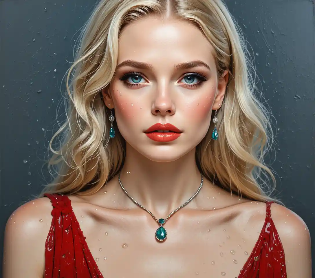 Retrato moderno pintado de mulher loira glamourosa em vestido vermelho