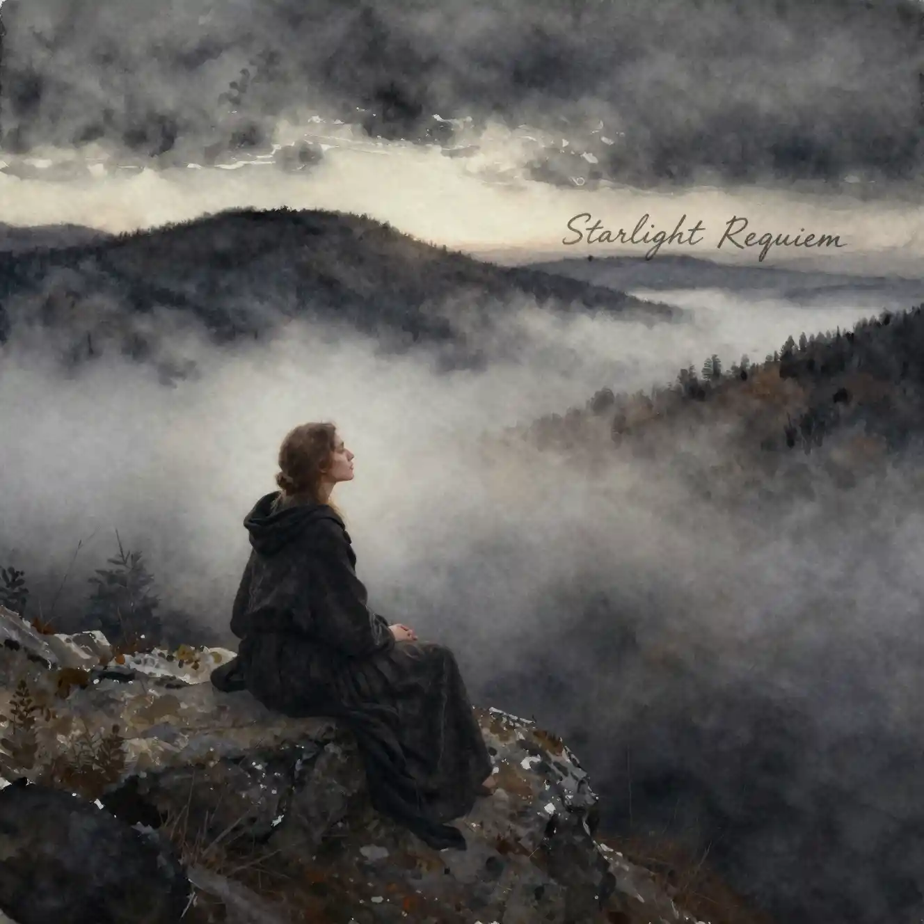 Junge Frau in Aquarell im Morgengrauen im Bergtal
