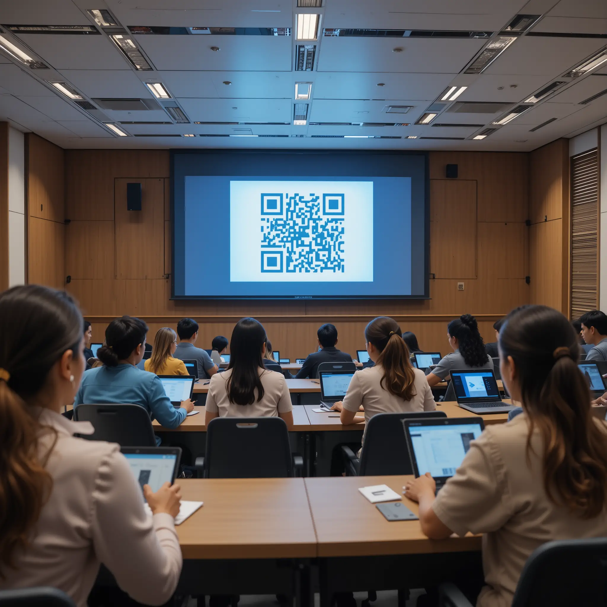 Moderner Klassenraum mit Schülern, die Technologie und QR-Code nutzen