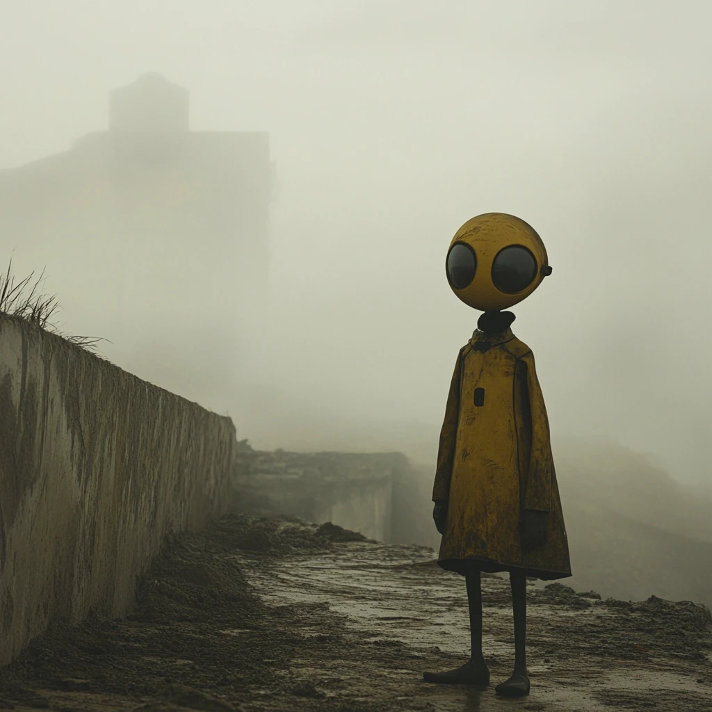 Surreal aliens wandering through mist inside hidden base