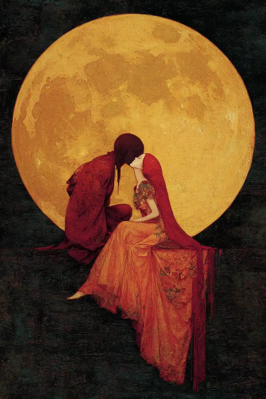 Golden full moon in surreal romantic celestial illustration