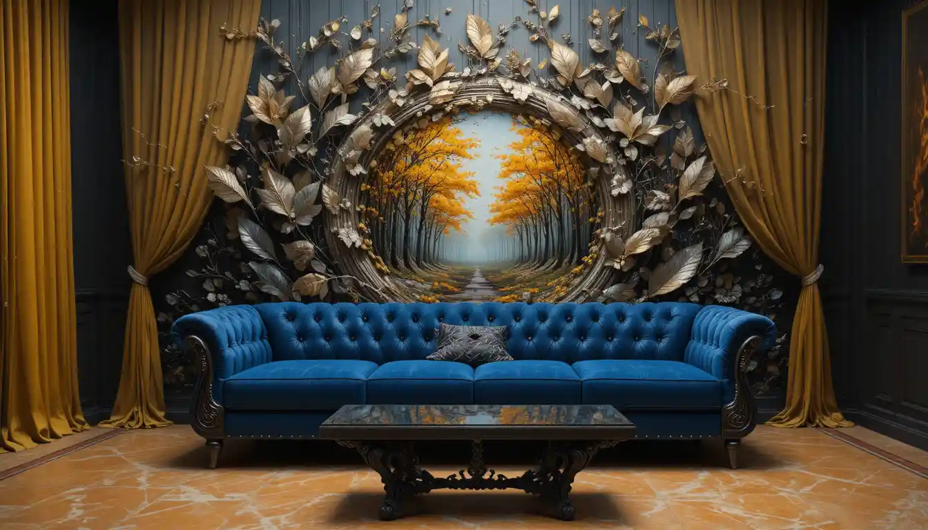 Luxuriöses Wohnzimmer mit dunkelblauem Sofa und Glastisch