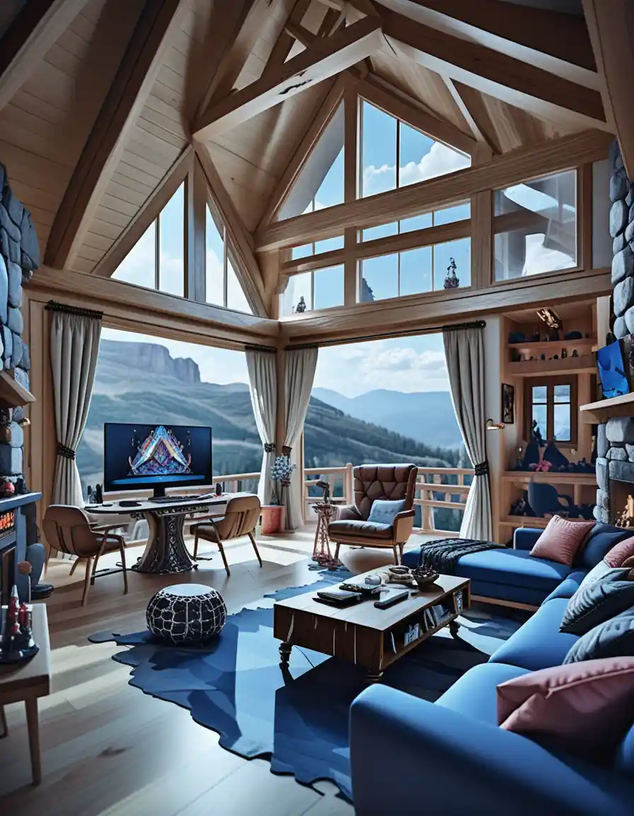 Luxury mountain cabin interior in dark rustic retreat