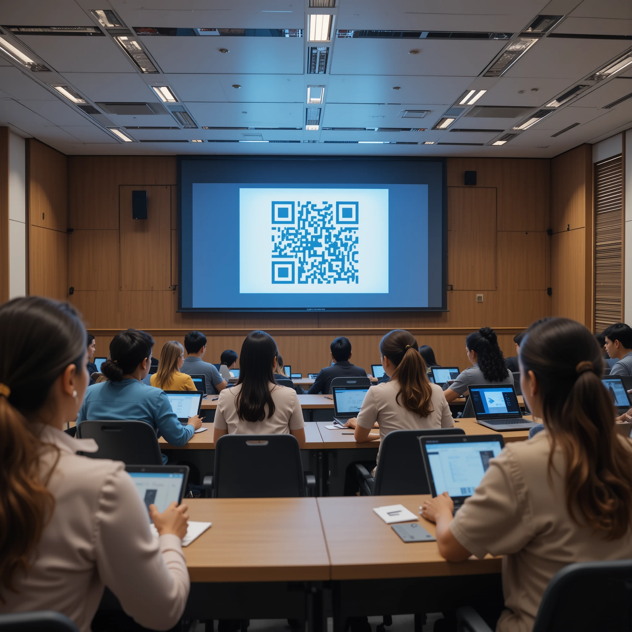 Modern classroom with students using technology and qr code