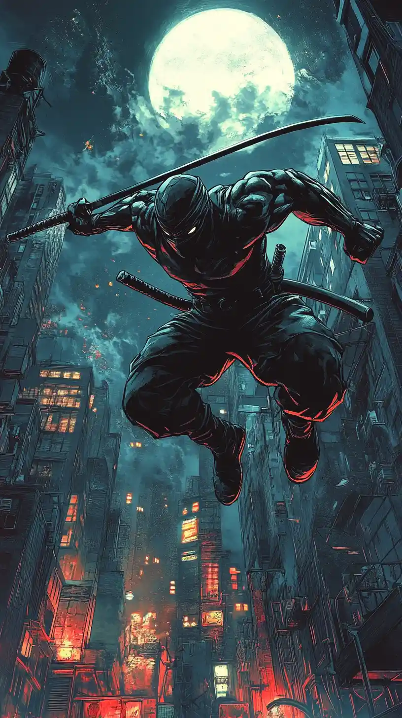 Ninja martial artist leaping with nunchucks in dark city