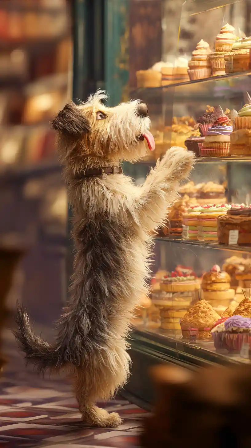 居心地のいいベーカリーでケーキを見つめるボサボサ犬