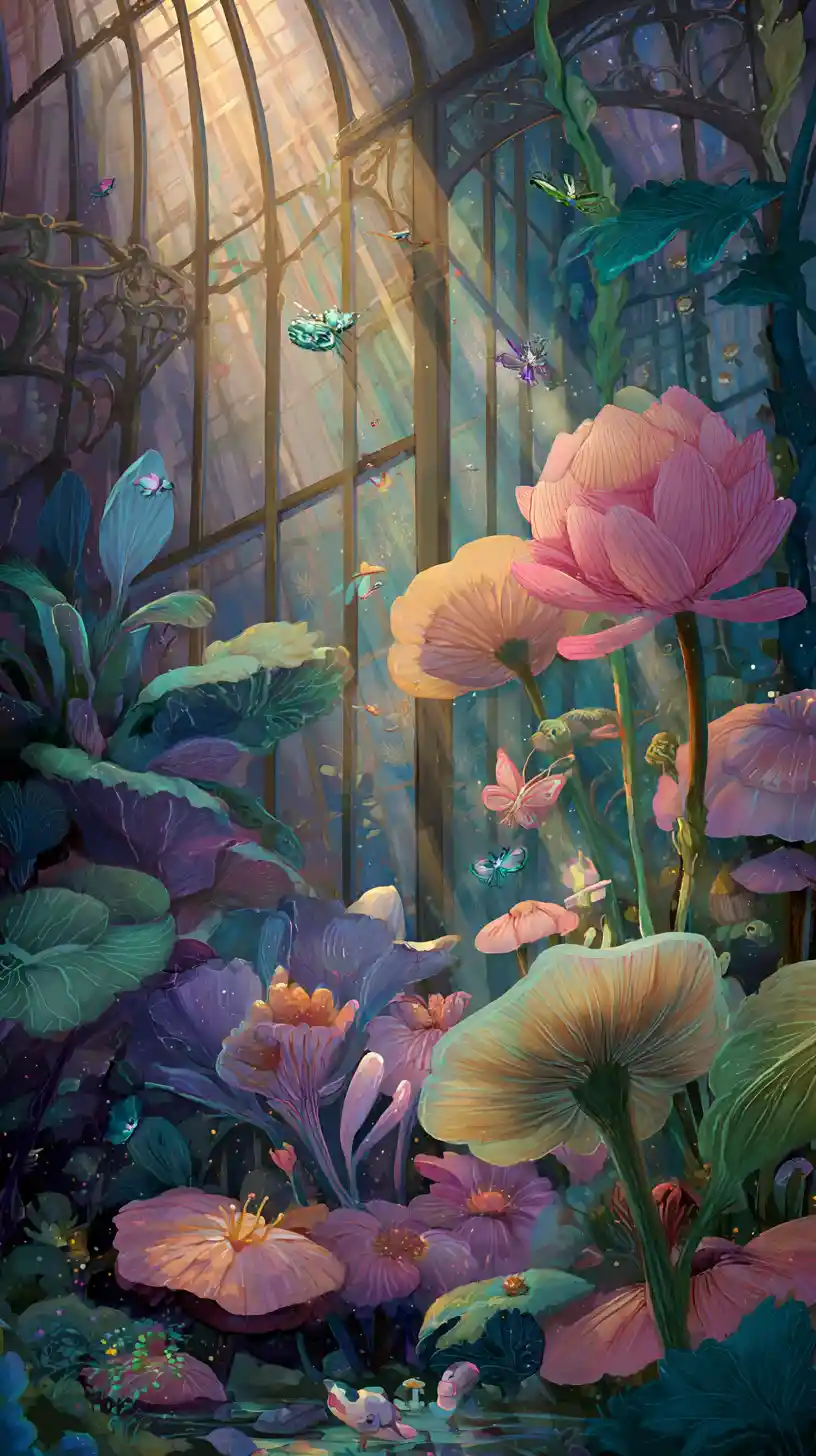Whimsical Greenhouse Of Glowing Plants And Sprites