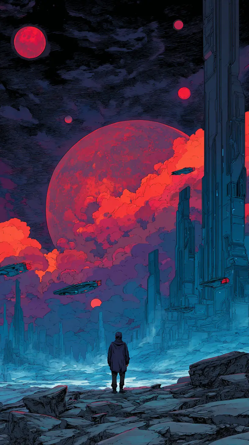 Lone figure facing futuristic city under massive red moon