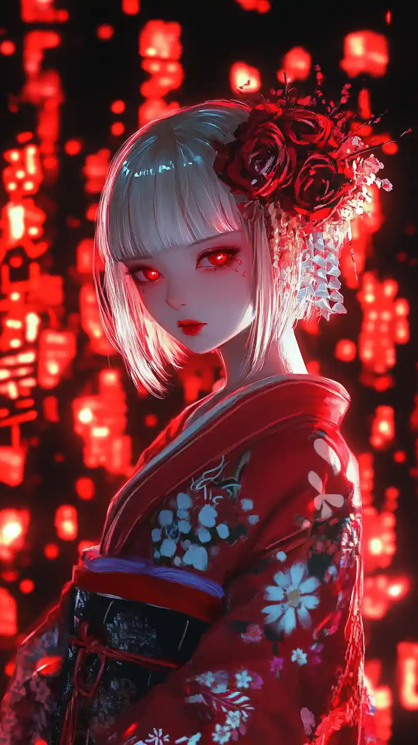 Anime woman in red kimono amid glowing japanese text