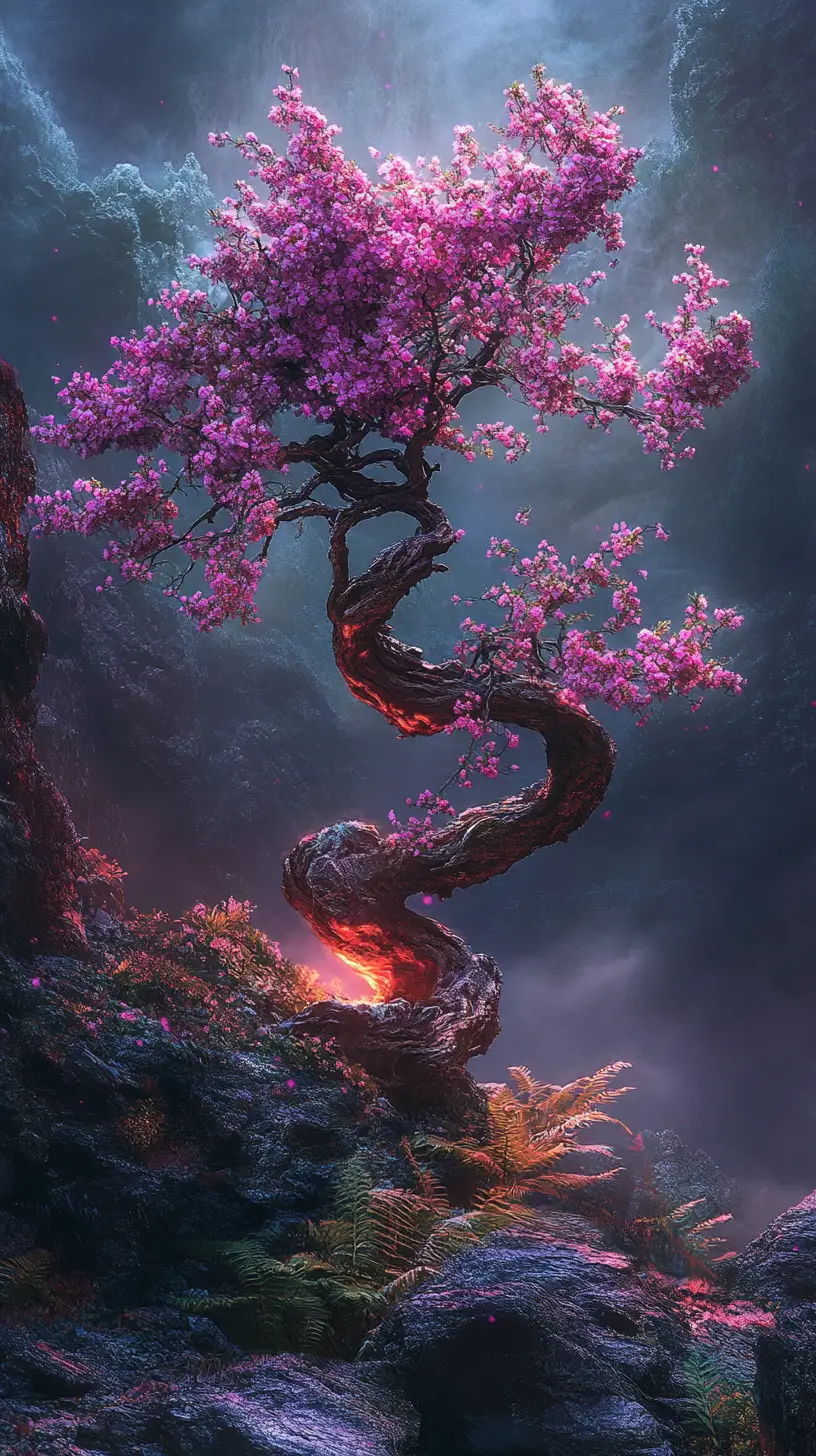 Fantastical cherry blossom tree beside rocks at night