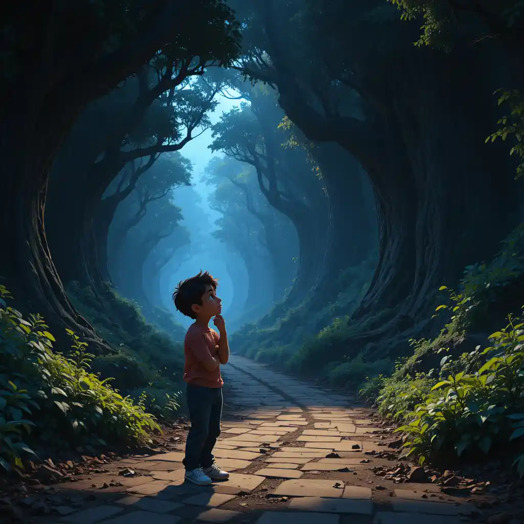 Young man deeply thinking between dark and bright paths