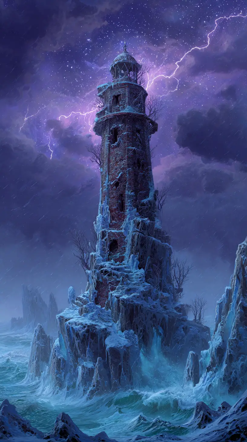 Ancient Lighthouse On Frozen Island In Stormy Winter Sea