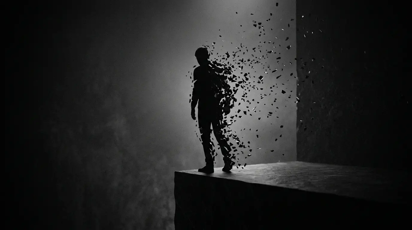 Silhouette of a lone figure at the edge of darkness