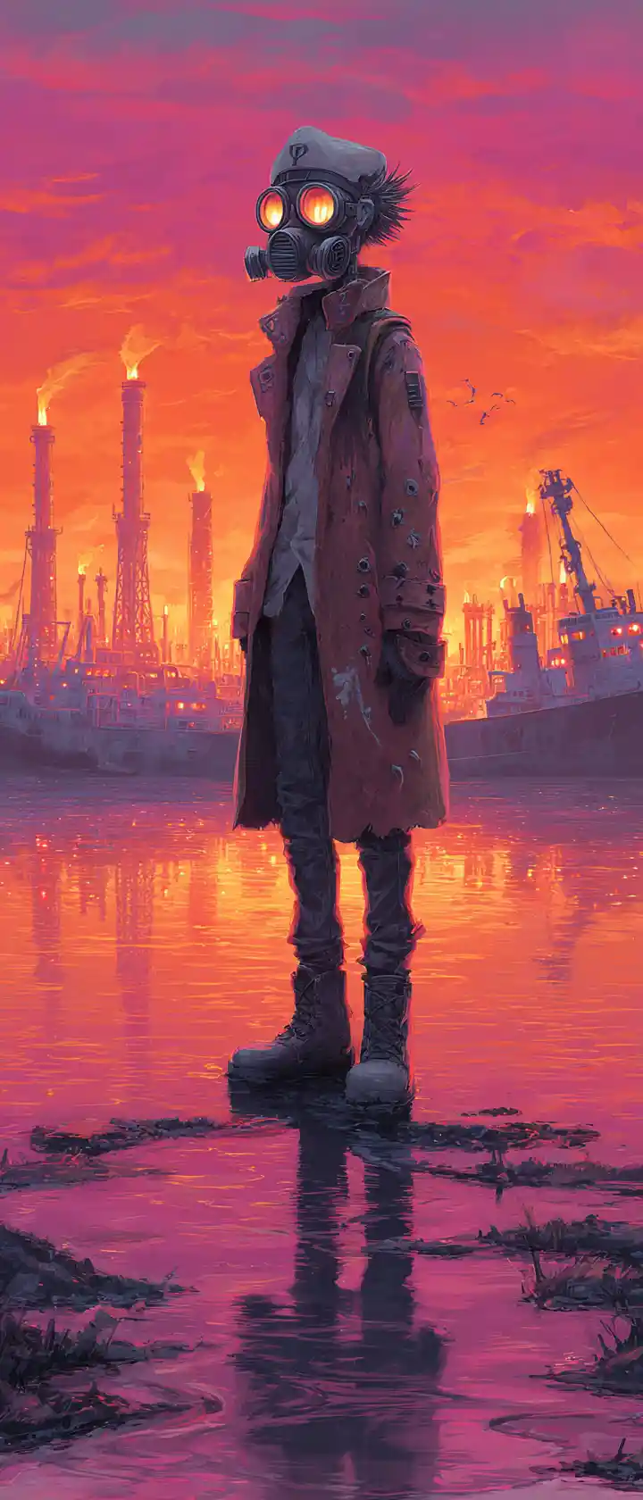 Survivant d’anime avec masque à gaz sur pétrolier en ruines