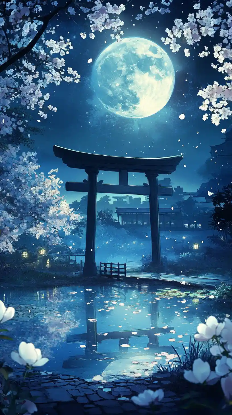 Serene Japanese Garden Under Luminous Full Moon