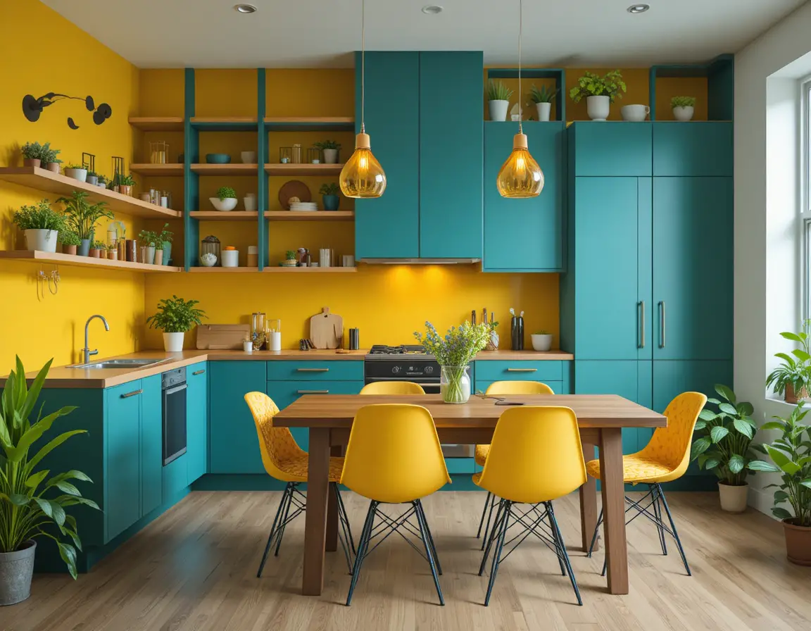Bold teal kitchen with yellow backsplash and dining area
