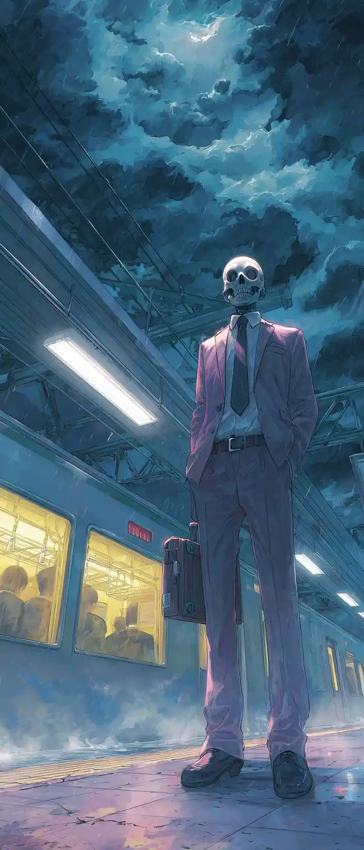 Anime salaryman alone on empty night train platform