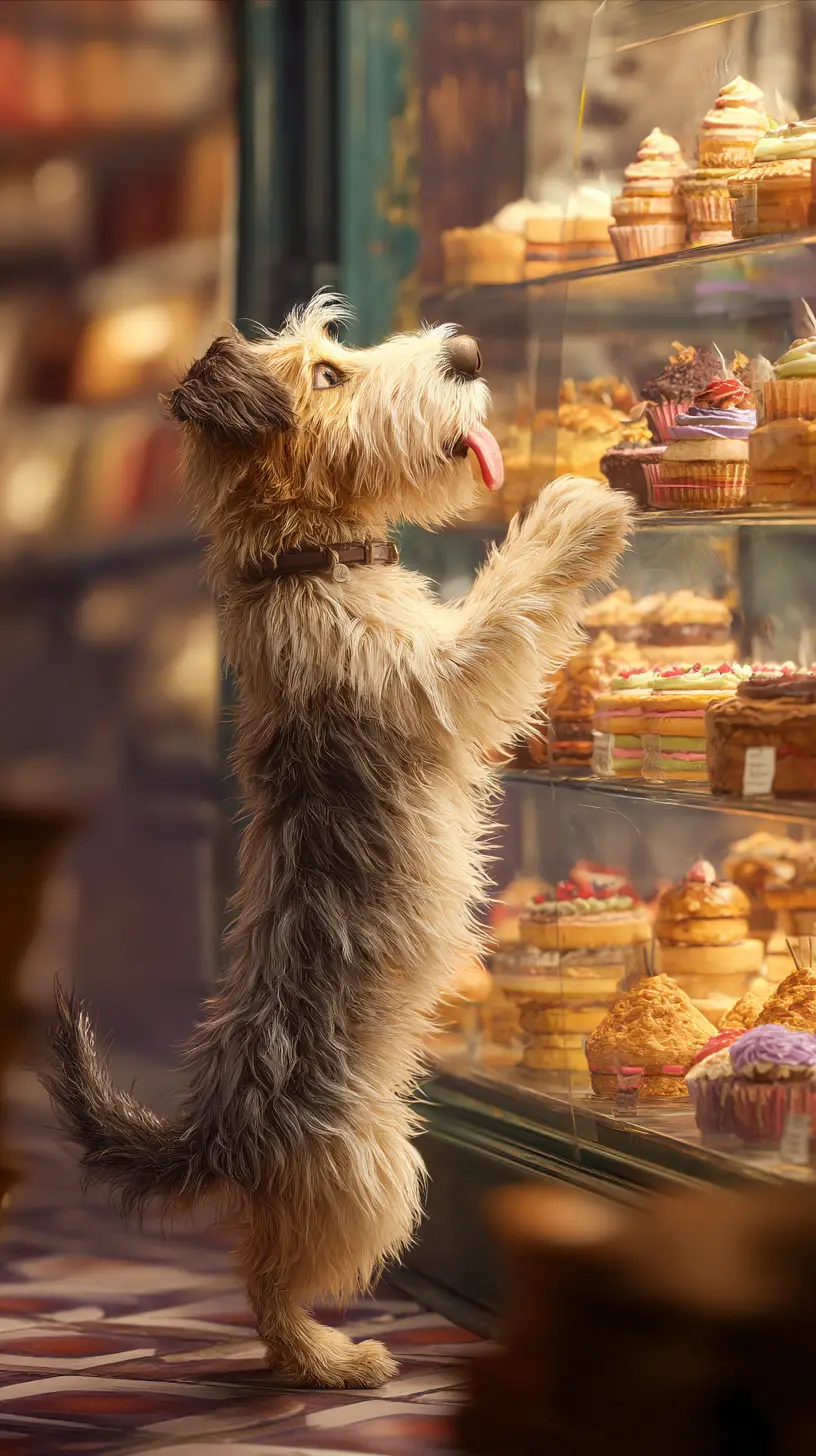 Scruffy dog eyeing cakes inside a cozy bakery