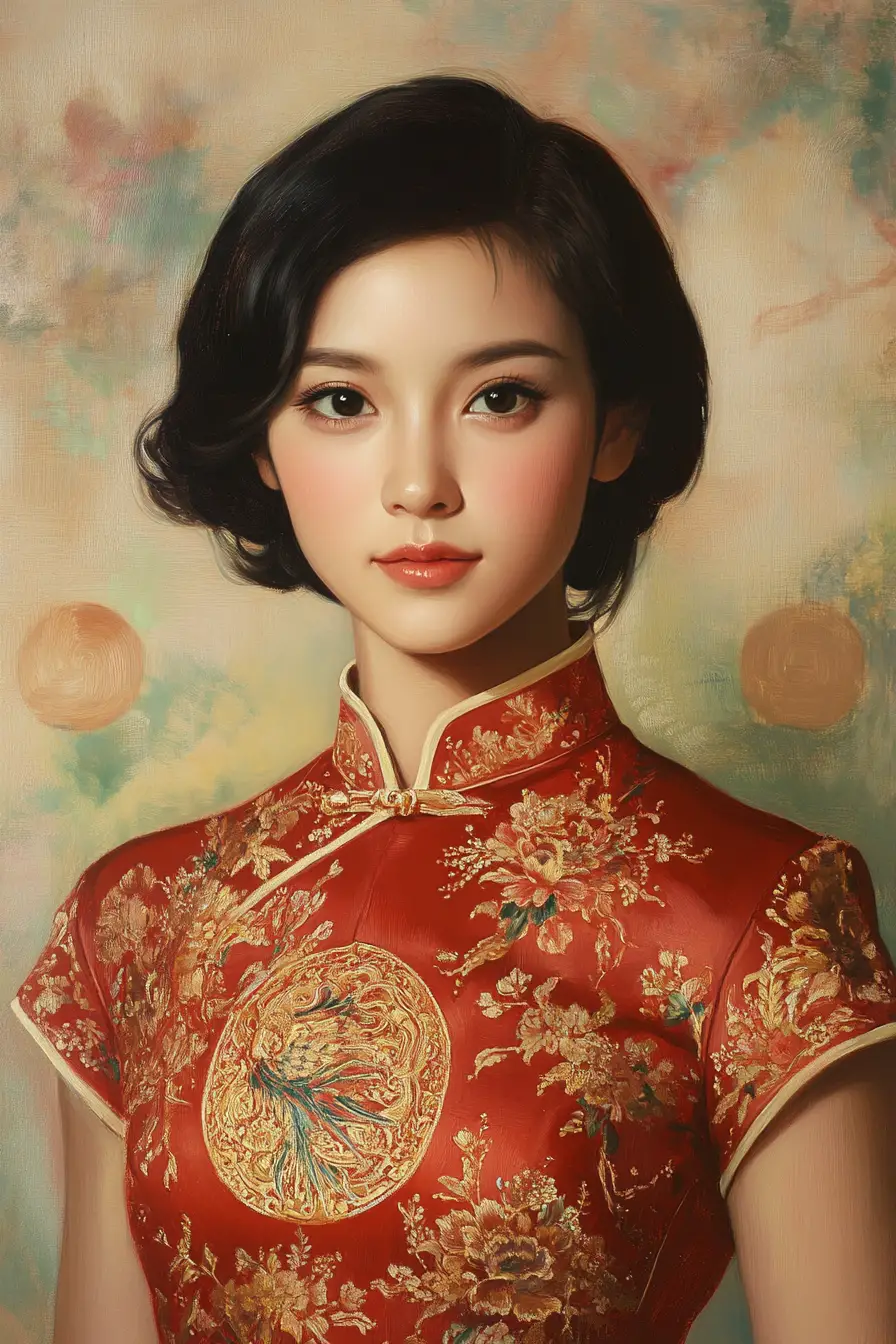 Oil portrait of a young asian woman in red qipao
