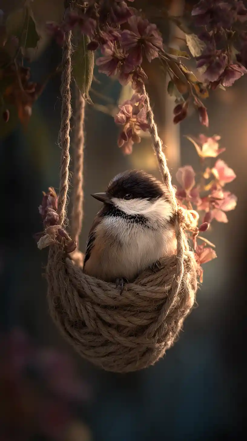 Sleeping forest bird in a woven hanging basket nest