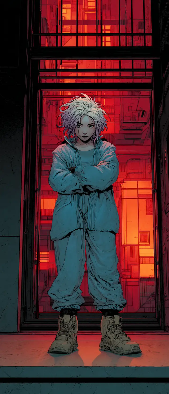 Young woman before a gated cyberpunk jewelry store