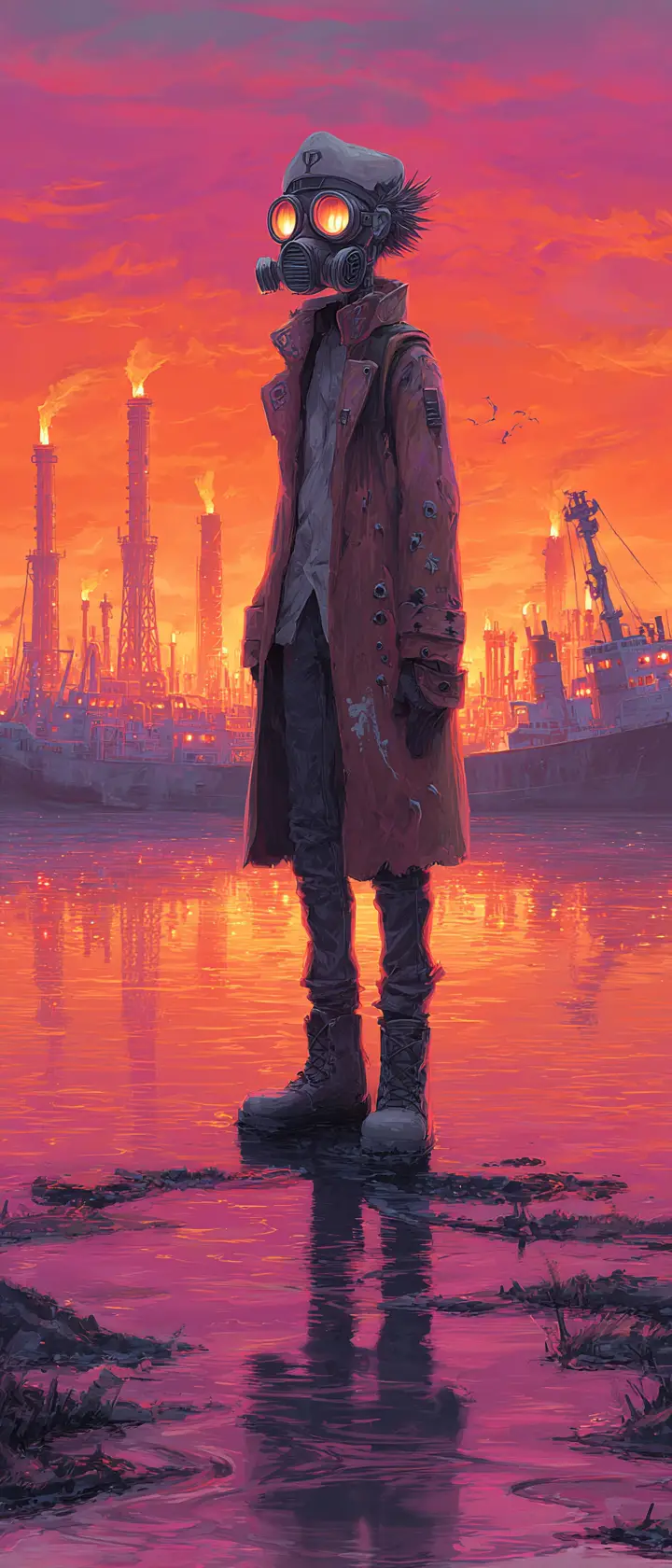 Anime survivor in gas mask on ruined oil tanker