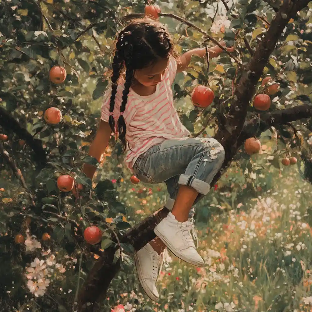 Young girl climbing an apple tree in a flowered orchard