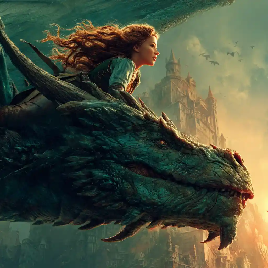 Donna fantasy che cavalca un drago sopra un antico castello al tramonto