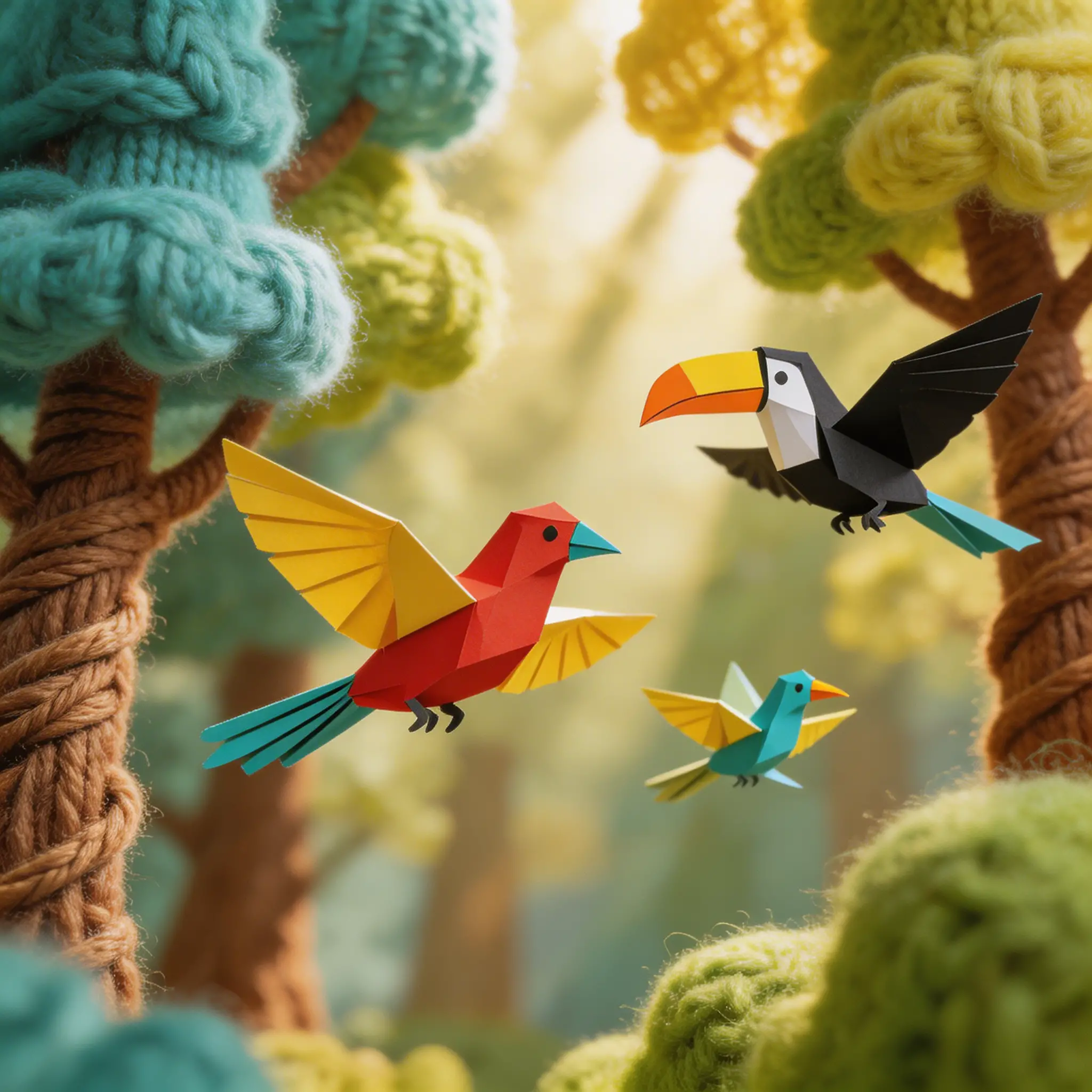 Colorful paper toucans flying in a woolen fantasy forest