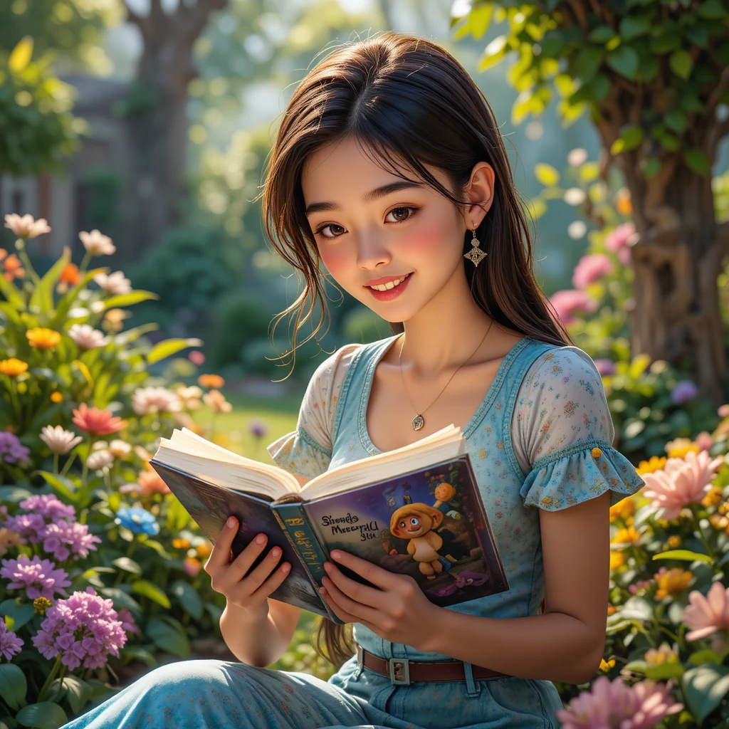 Junge Frau liest ein leuchtendes Buch im Garten