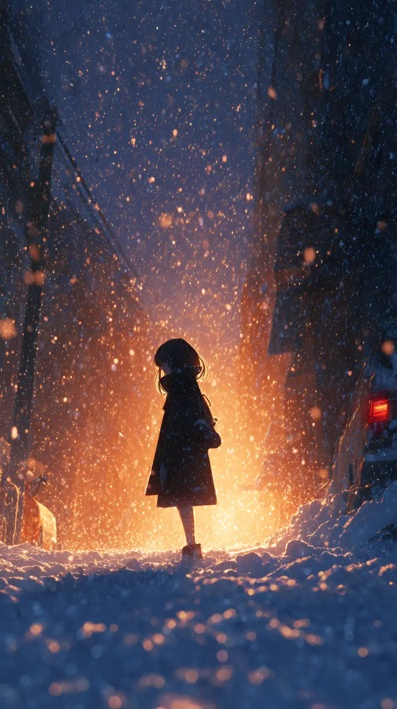 Anime girl shivering in a dark snowy horror landscape