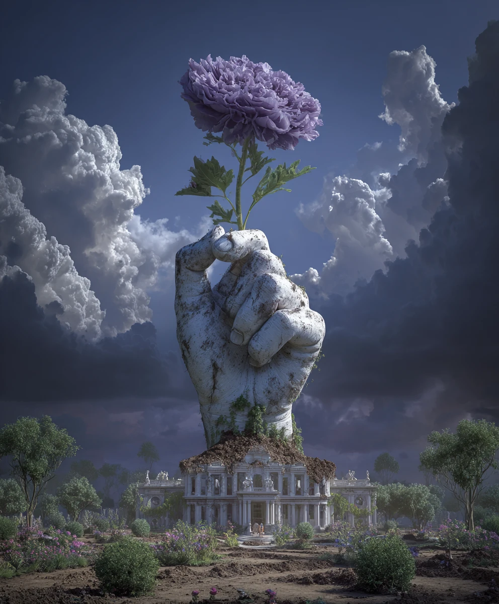 A giant stone hand holding a purple flower emerges from a classical building under a cloudy sky.