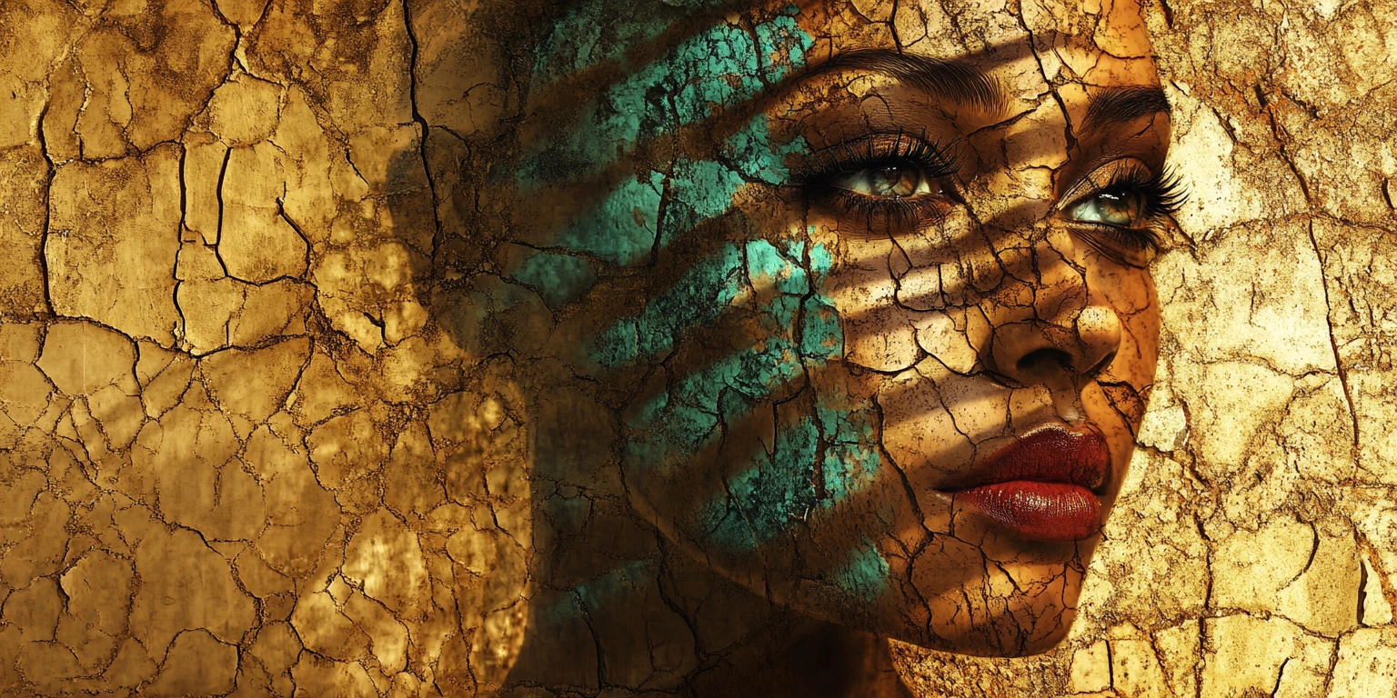 Woman portrait with tiger stripe shadows and mosaic textures
