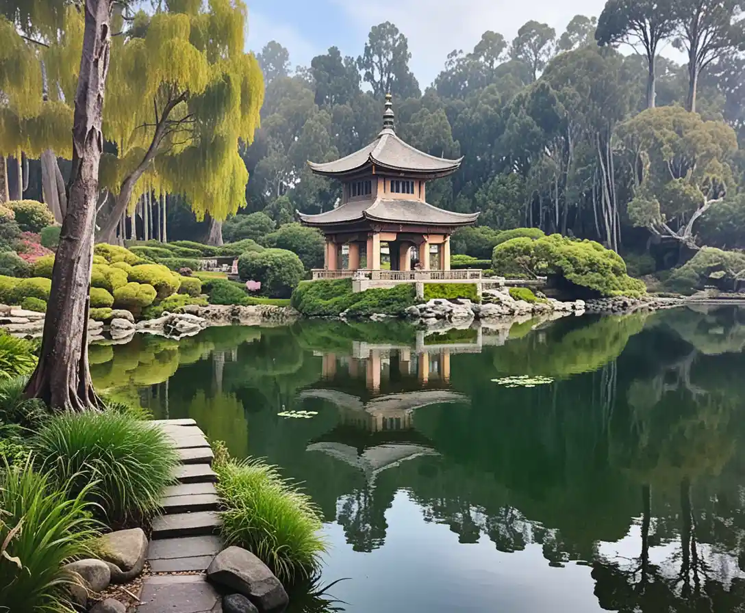 Tranquil lakeside shrine reflected in still mirror like water